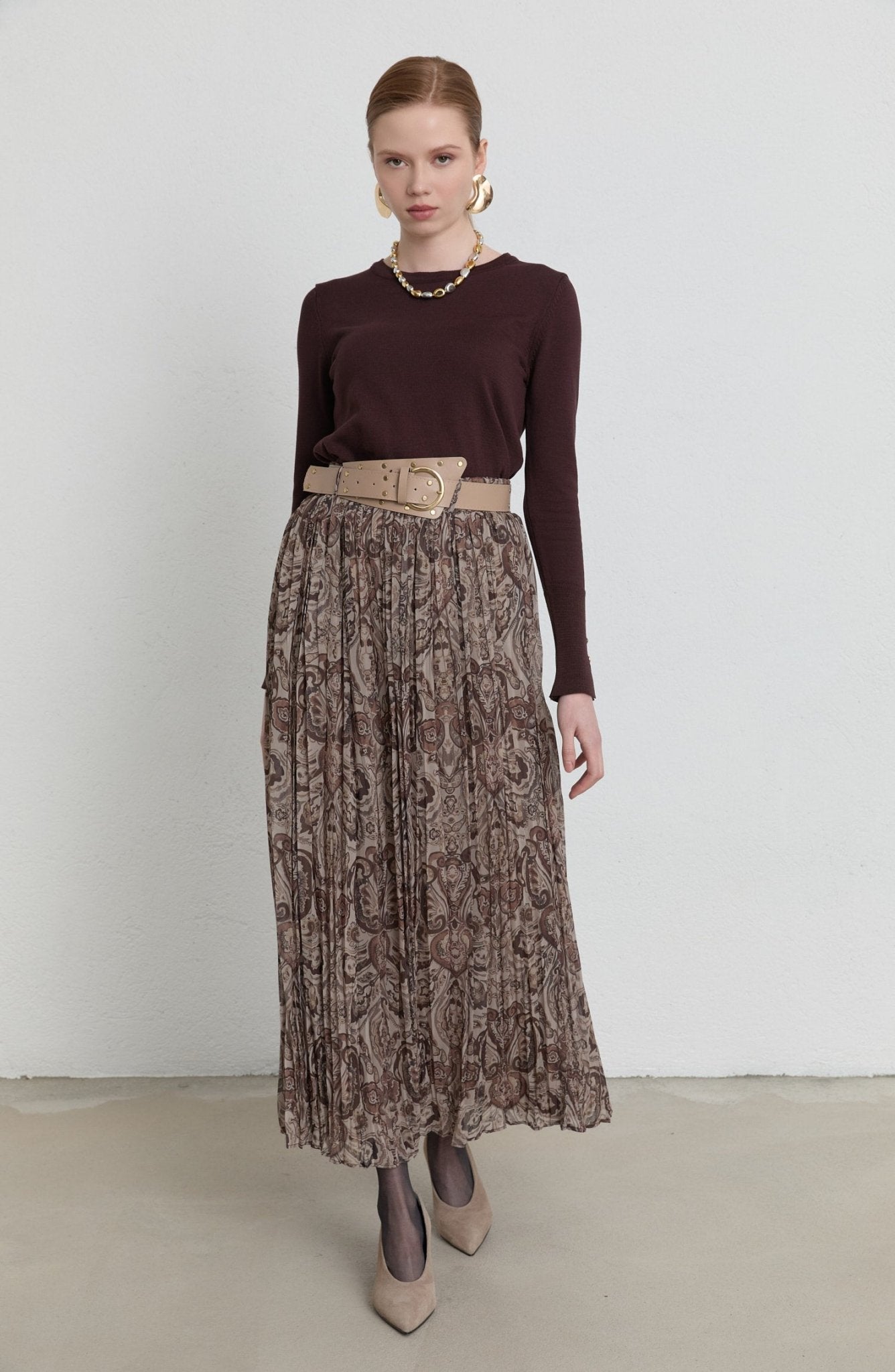 Kemerli Crash Taş Etnik Desen Şifon Etek - Fatma Atasoy