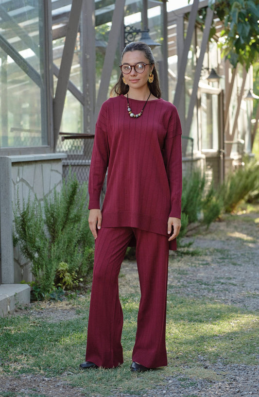 Kendinden Çizgili Bordo Basic Merserize Triko İkili Takım - Fatma Atasoy