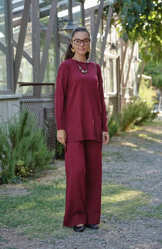 Kendinden Çizgili Bordo Basic Merserize Triko İkili Takım - Fatma Atasoy