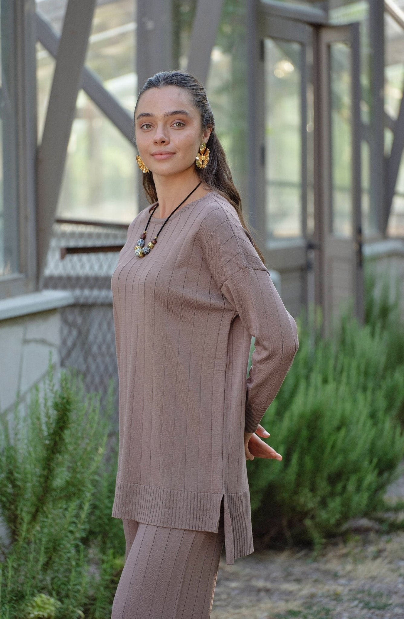 Kendinden Çizgili Mocha Basic Merserize Triko İkili Takım - Fatma Atasoy