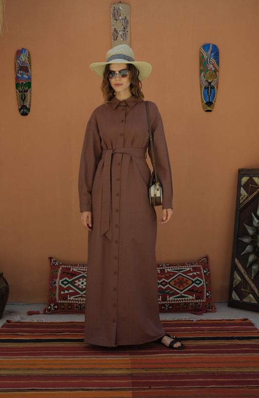 Kendinden Çizgili Pamuk Gömlek Elbise Çikolata Kahve - Fatma Atasoy