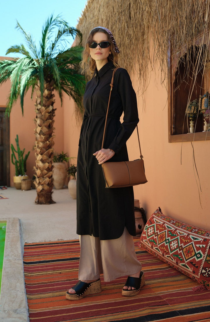 Kendinden Çizgili Pamuk Gömlek Siyah - Fatma Atasoy