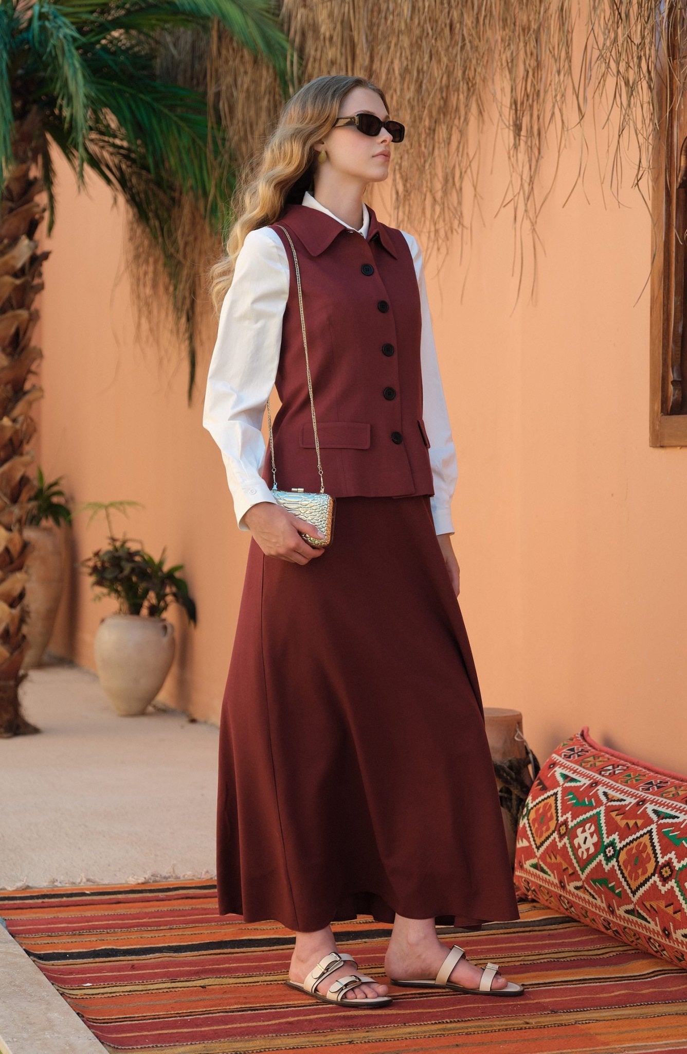 Keten Bordo Kloş Etek - Fatma Atasoy