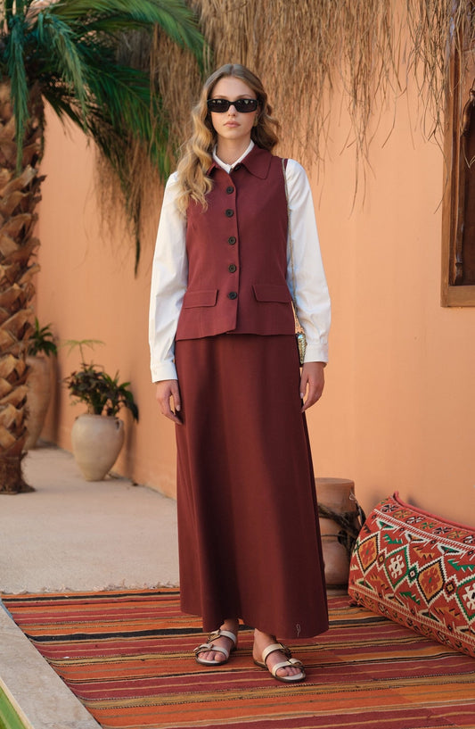 Keten Bordo Kloş Etek - Fatma Atasoy