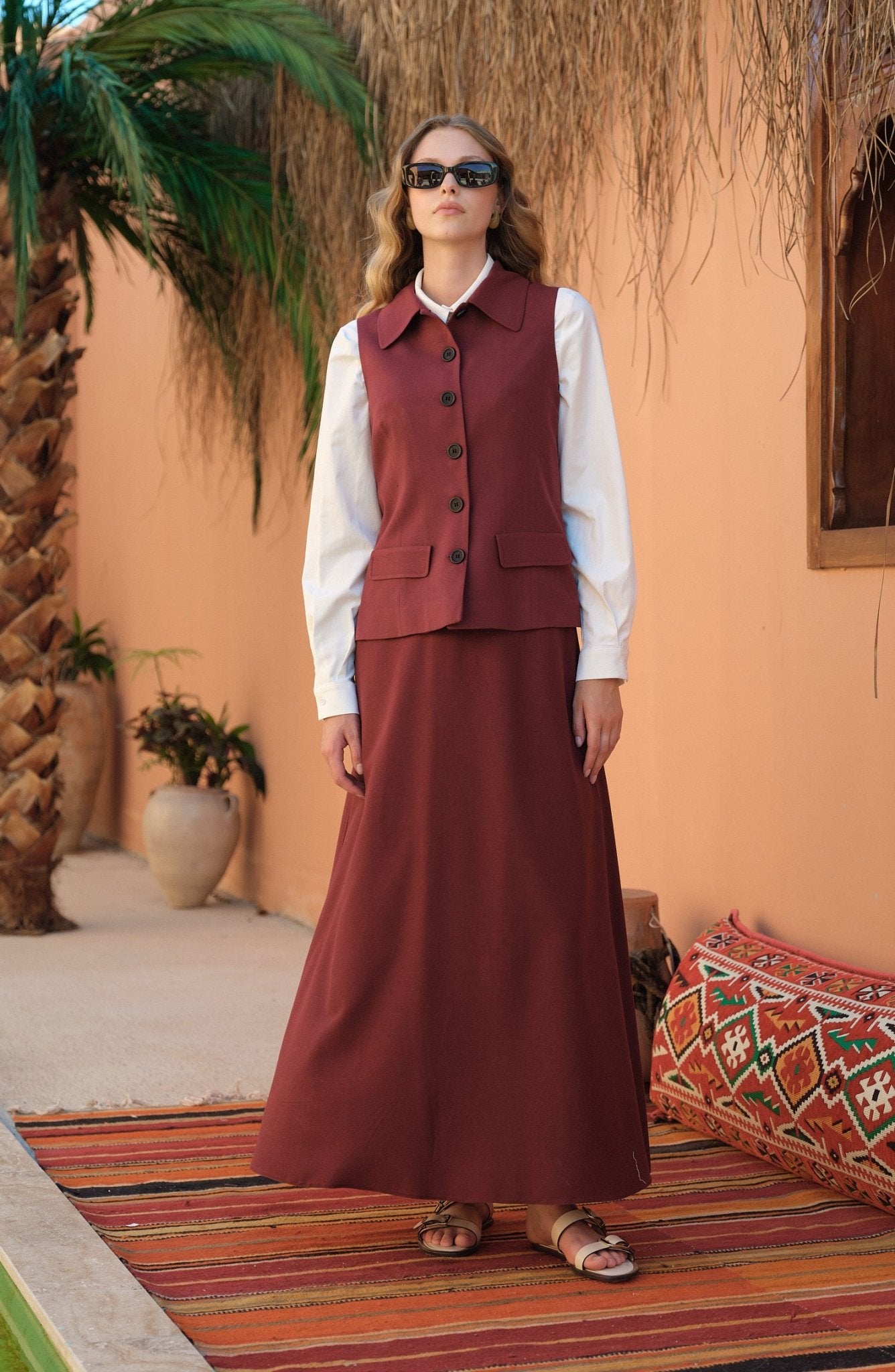 Keten Bordo Kloş Etek - Fatma Atasoy