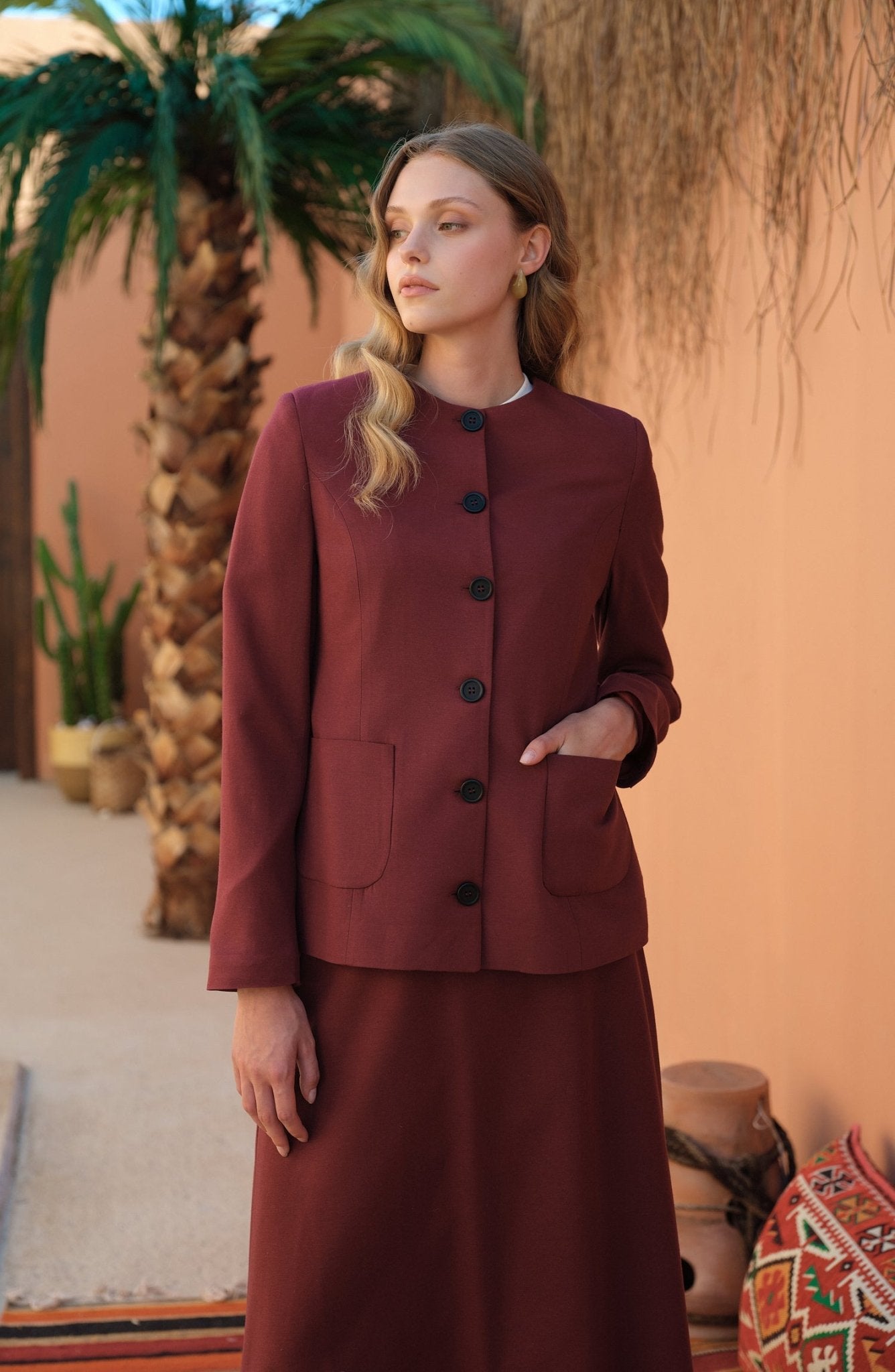 Keten Bordo Kuplu Ceket - Fatma Atasoy
