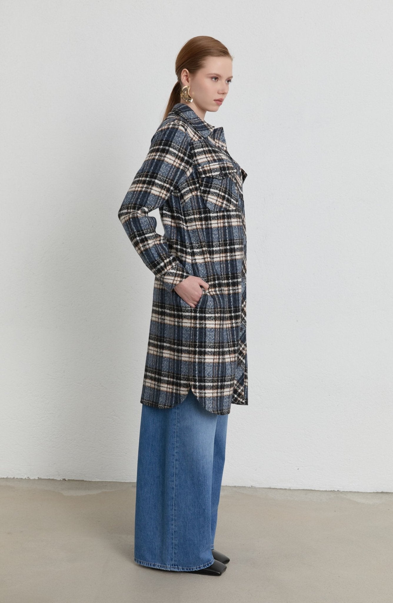 Körük Cepli Lacivert Ekose Kaşe Gömlek Ceket - Fatma Atasoy