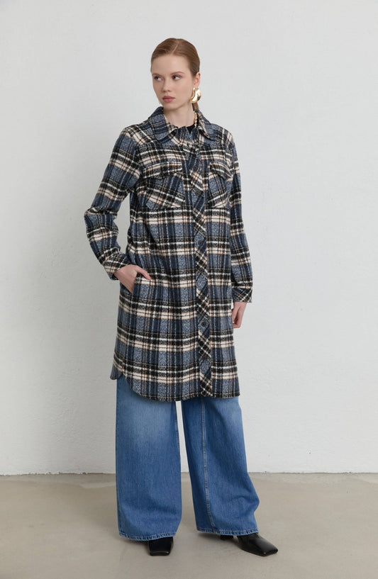 Körük Cepli Lacivert Ekose Kaşe Gömlek Ceket - Fatma Atasoy