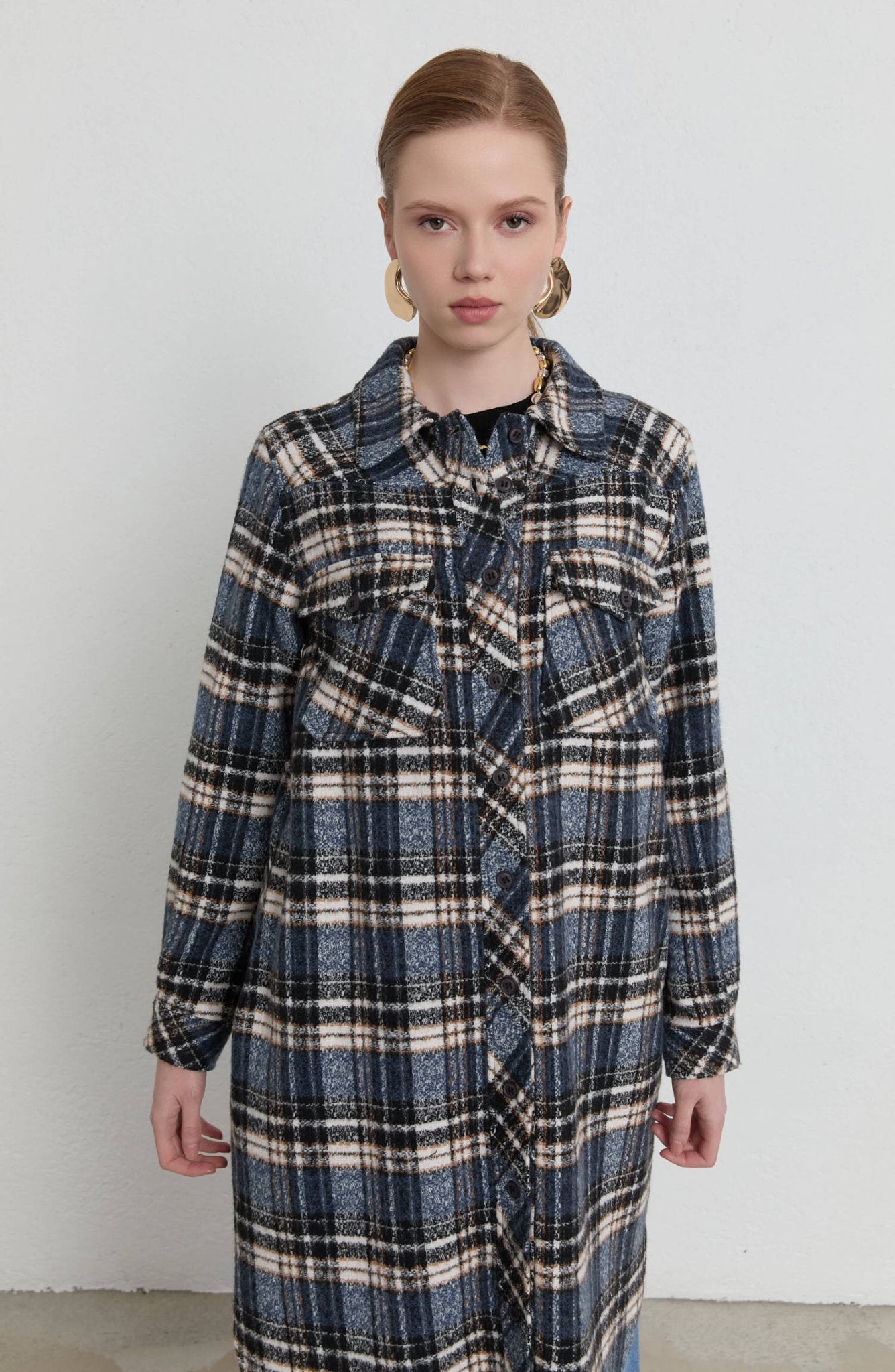 Körük Cepli Lacivert Ekose Kaşe Gömlek Ceket - Fatma Atasoy