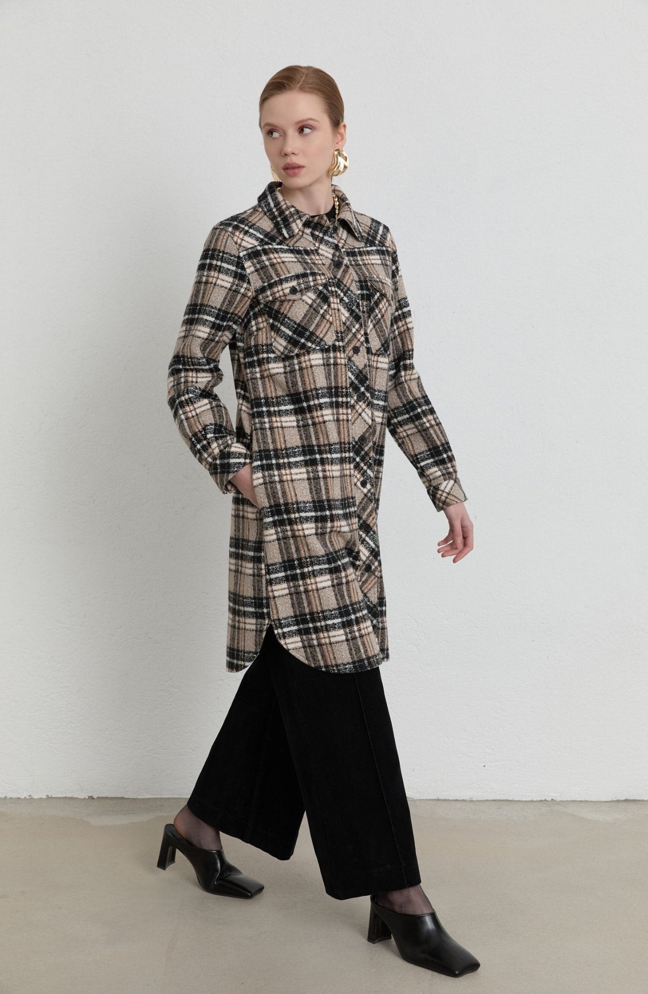 Körük Cepli Taş Ekose Kaşe Gömlek Ceket - Fatma Atasoy