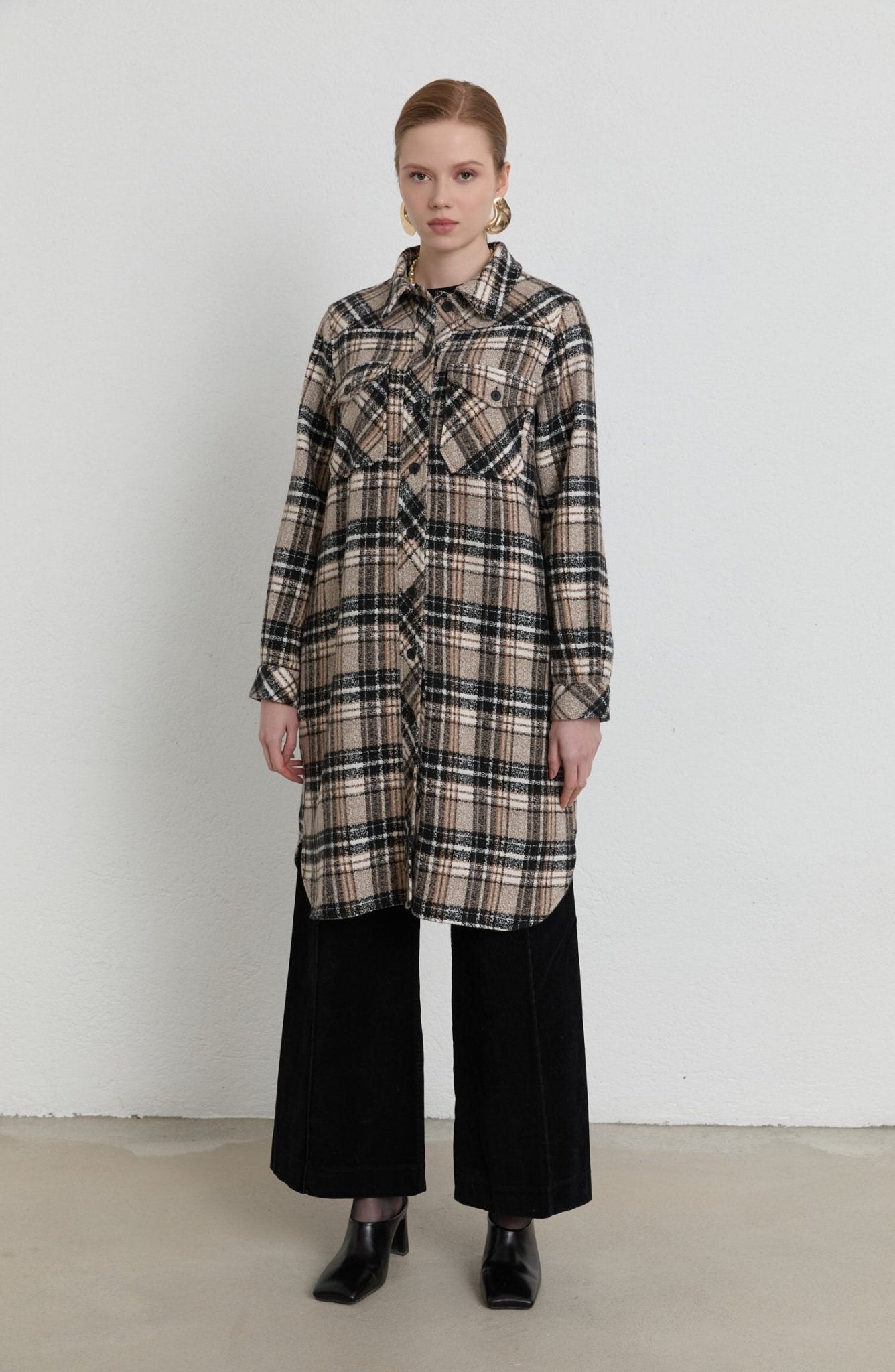 Körük Cepli Taş Ekose Kaşe Gömlek Ceket - Fatma Atasoy