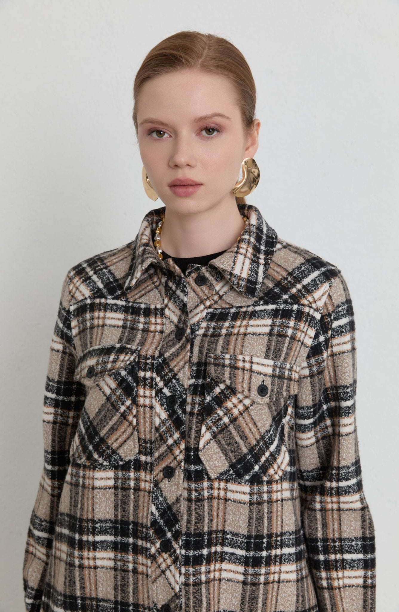 Körük Cepli Taş Ekose Kaşe Gömlek Ceket - Fatma Atasoy