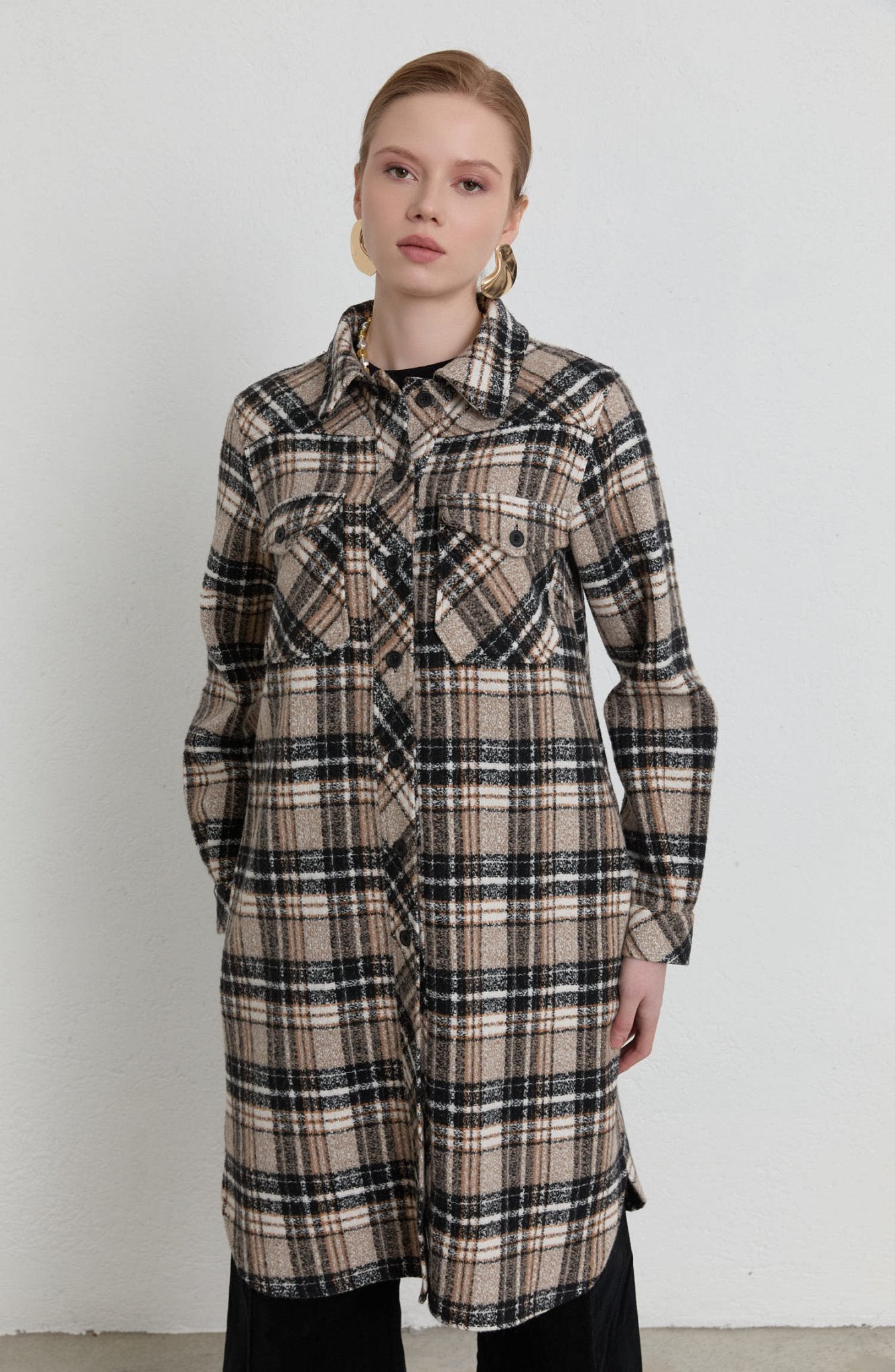 Körük Cepli Taş Ekose Kaşe Gömlek Ceket - Fatma Atasoy