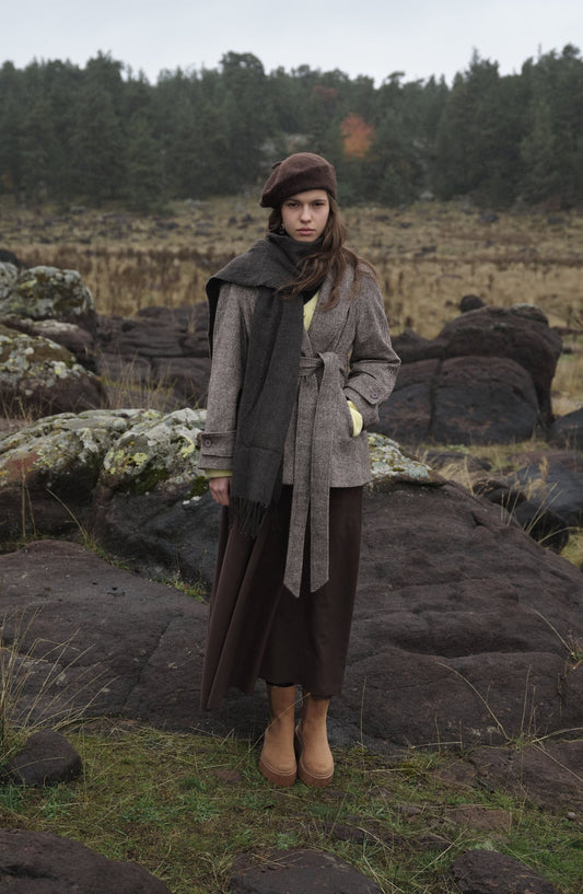 Kruvaze Sütlü Kahve Balıksırtı Midi Ceket Kaban - Fatma Atasoy