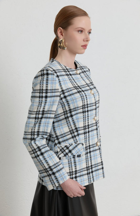 Kuplu Ekose Bebe Mavi Tüvit Ceket - Fatma Atasoy