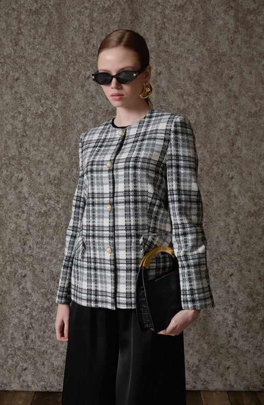 Kuplu Ekose Gri Tüvit Ceket - Fatma Atasoy