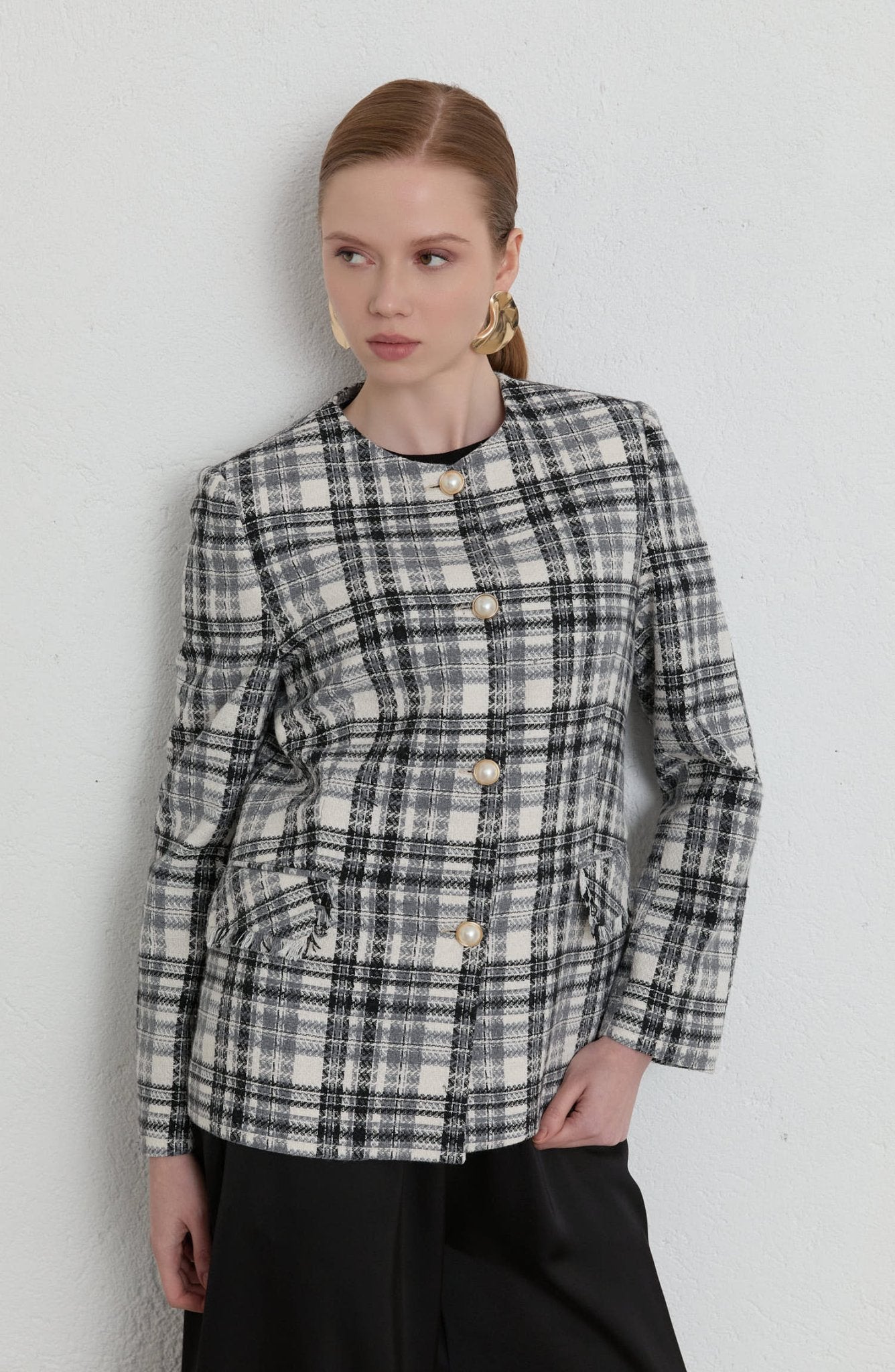 Kuplu Ekose Gri Tüvit Ceket - Fatma Atasoy