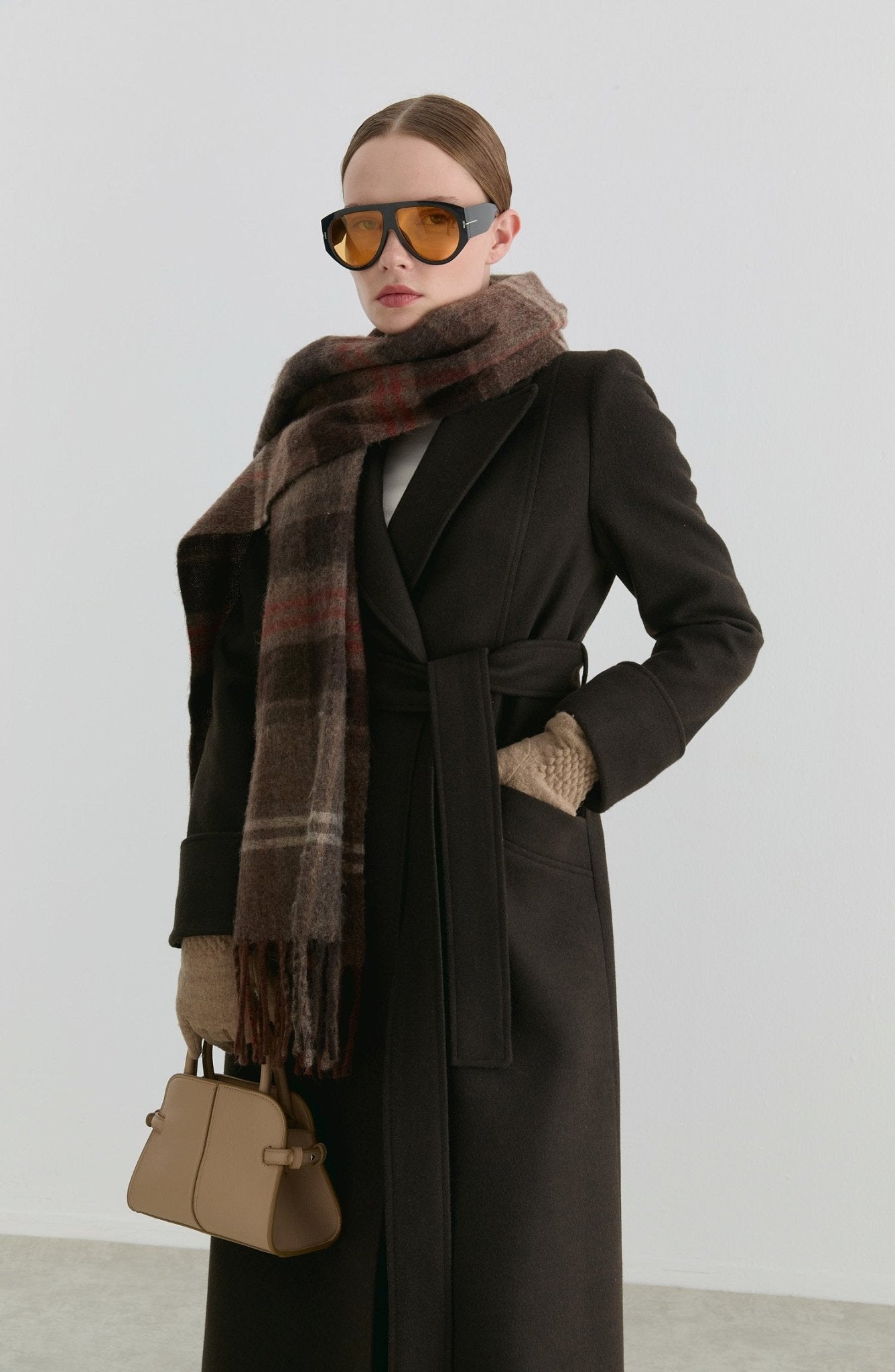 Kuşaklı Acı Kahve Kaşmir Maksi Kaban - Fatma Atasoy