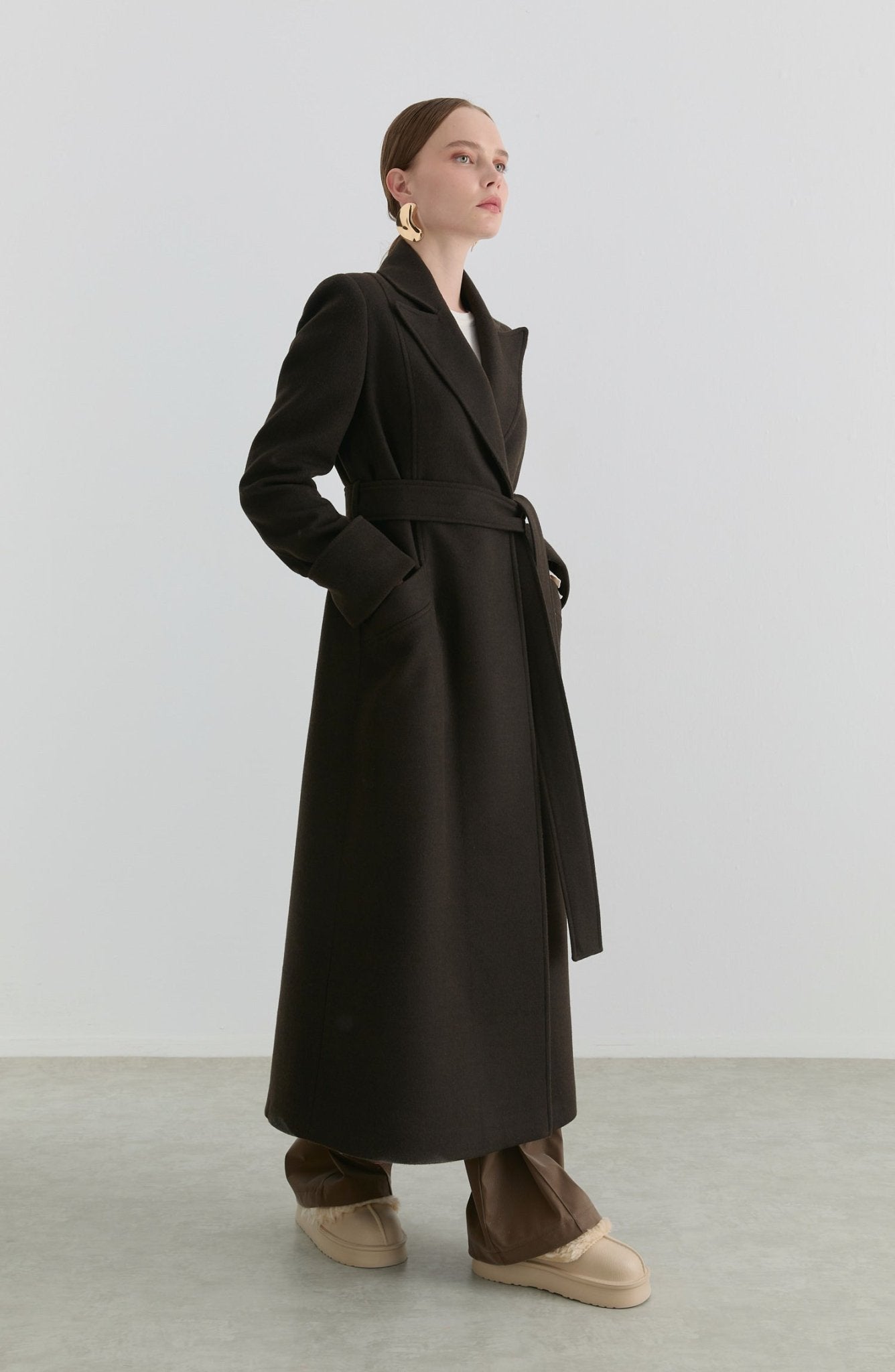 Kuşaklı Acı Kahve Kaşmir Maksi Kaban - Fatma Atasoy