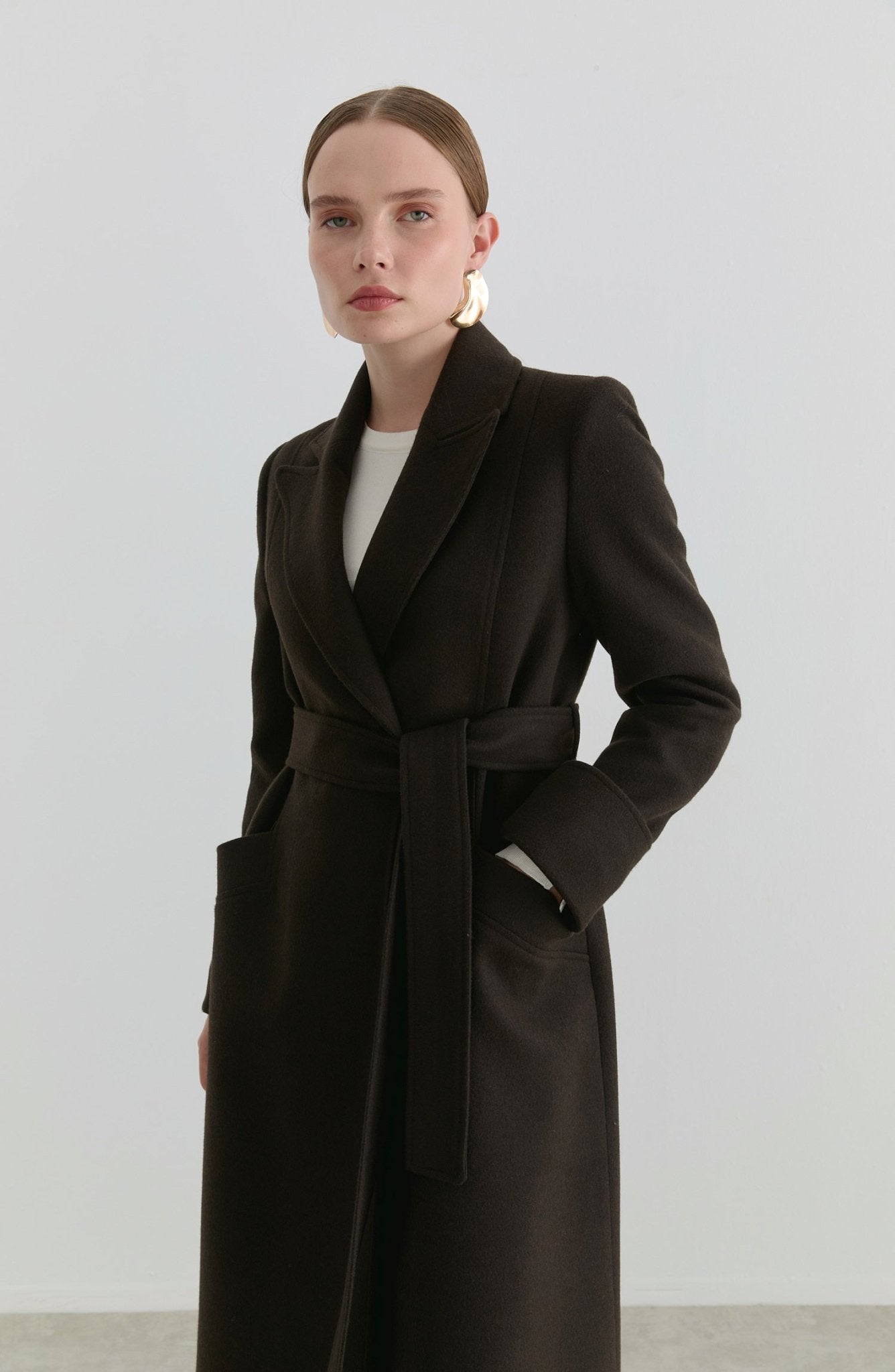 Kuşaklı Acı Kahve Kaşmir Maksi Kaban - Fatma Atasoy