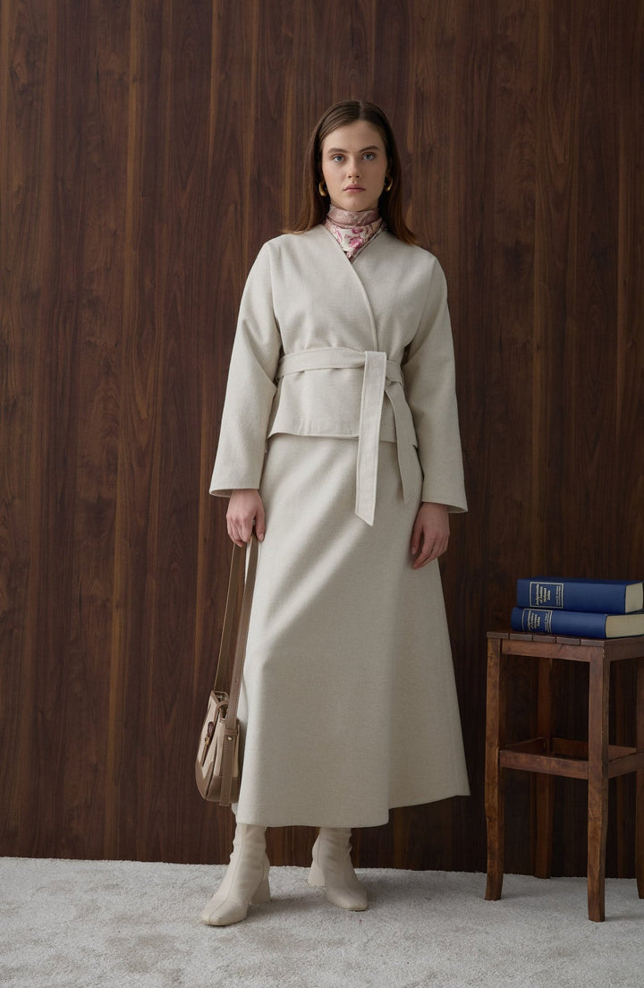 Kuşaklı Kimono Ekru Kaşe Ceket Kaban - Fatma Atasoy