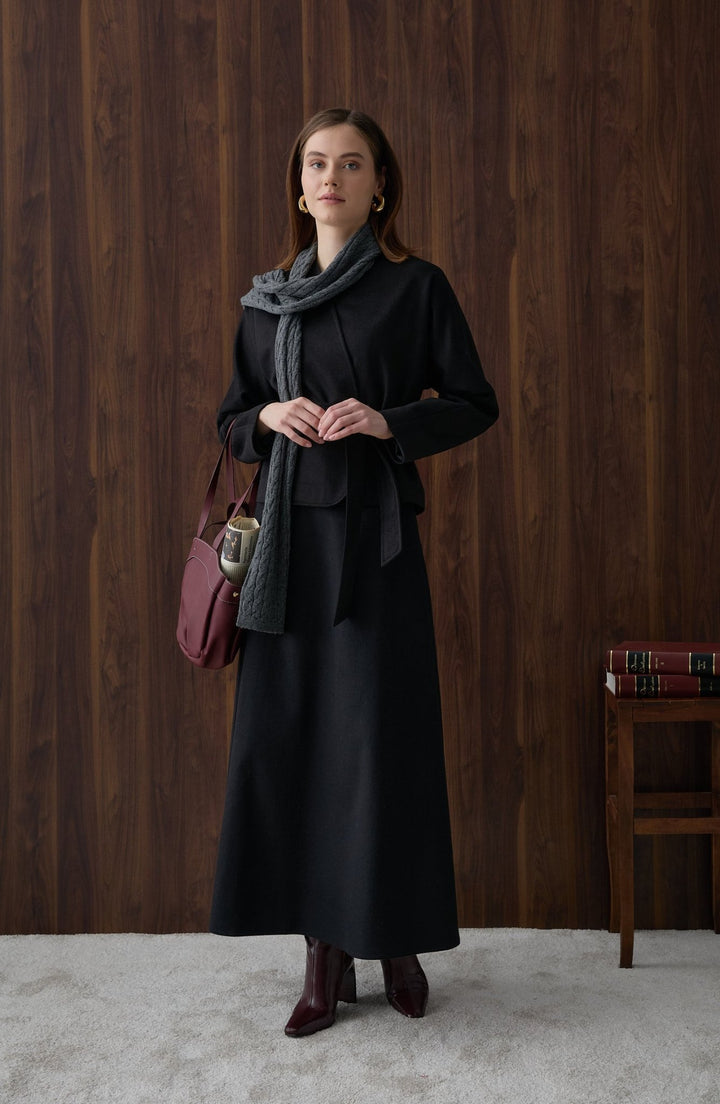 Kuşaklı Kimono Siyah Kaşe Ceket Kaban - Fatma Atasoy