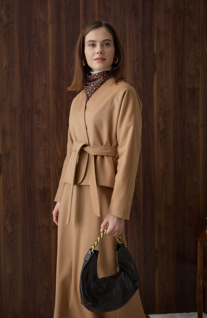 Kuşaklı Kimono Sütlü Kahve Kaşe Ceket Kaban - Fatma Atasoy