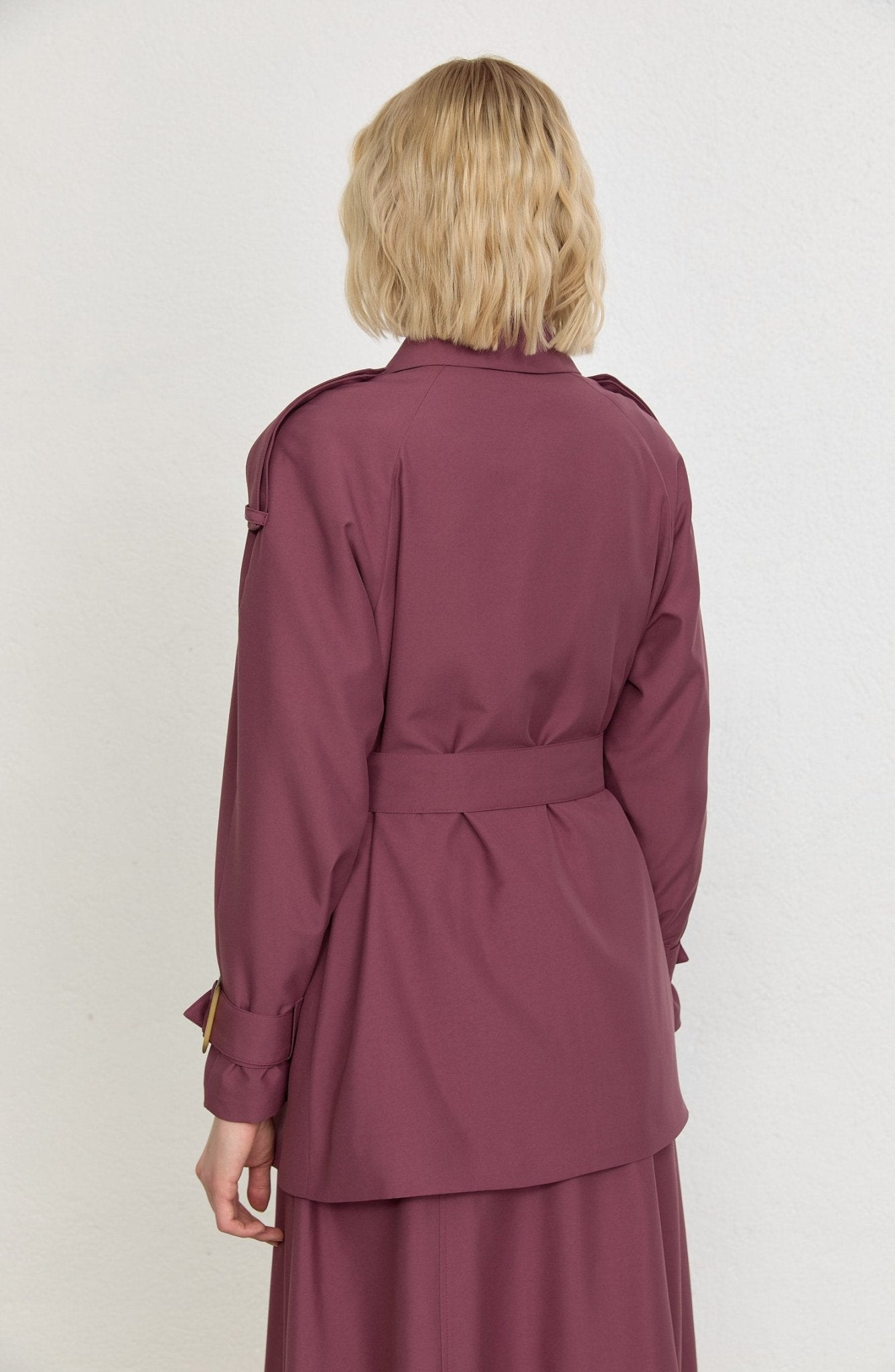 Kuşaklı Kol Apoletli Mürdüm Midi Trenç Ceket - Fatma Atasoy