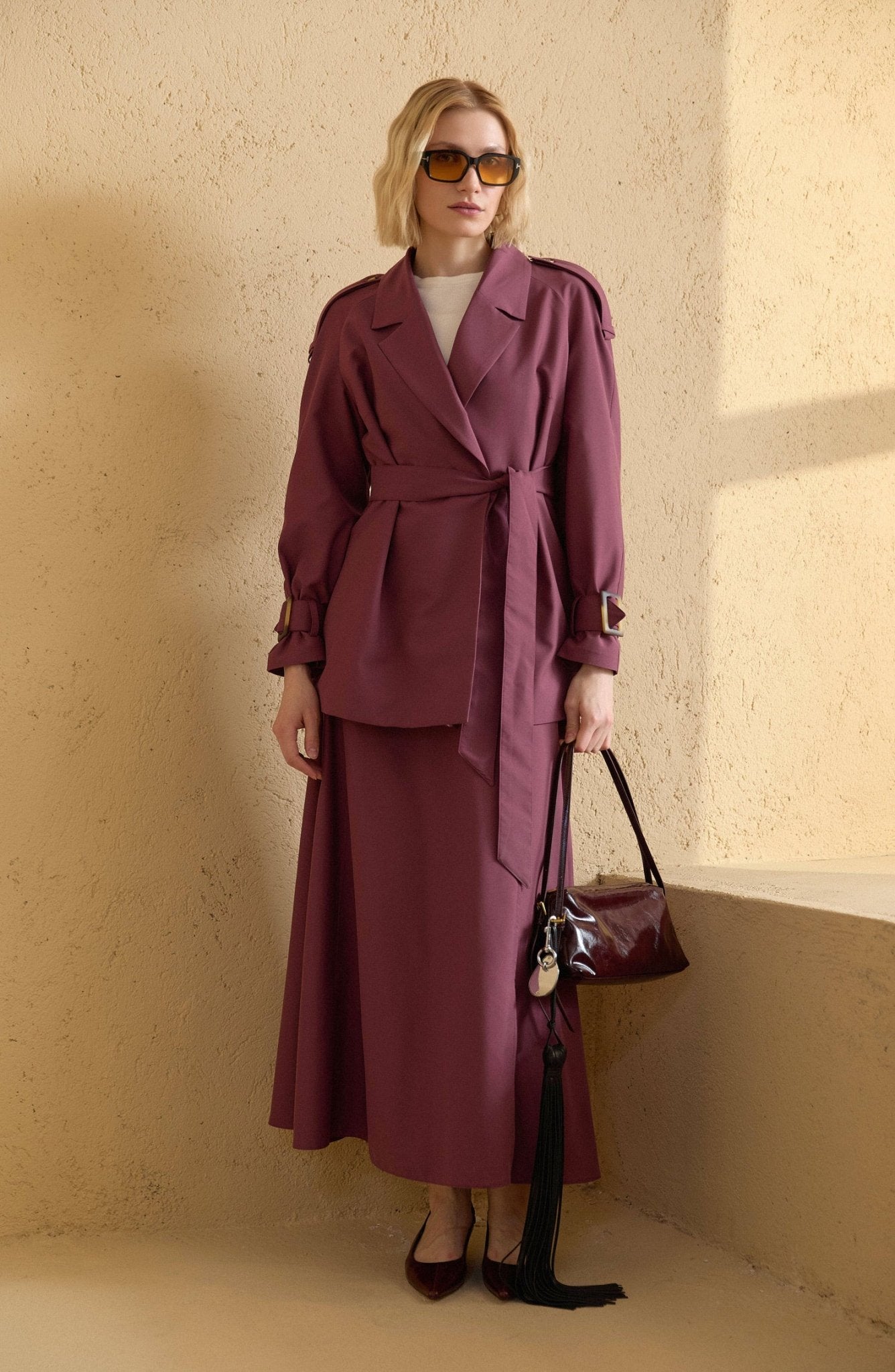 Kuşaklı Kol Apoletli Mürdüm Midi Trenç Ceket - Fatma Atasoy