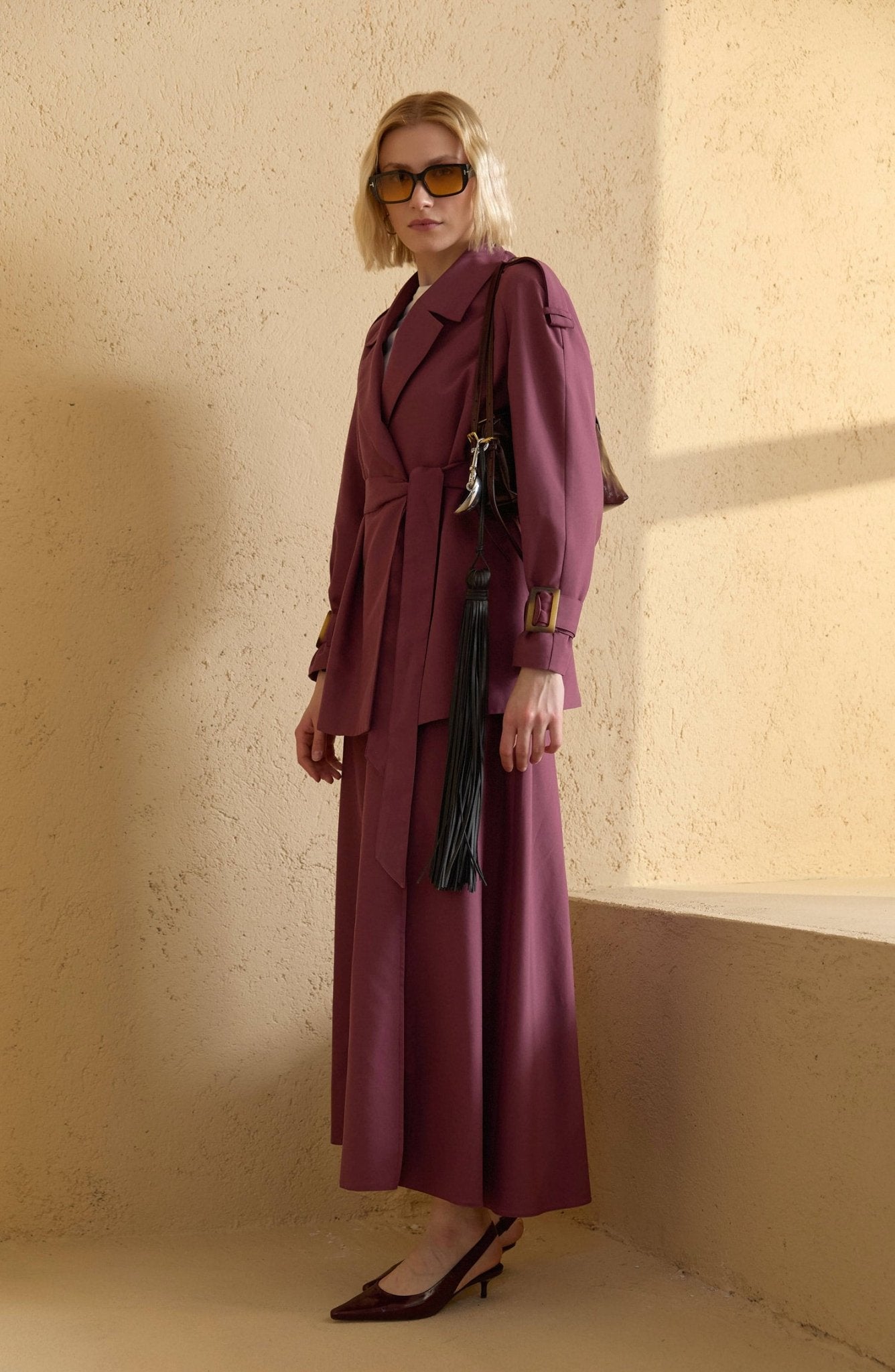 Kuşaklı Kol Apoletli Mürdüm Midi Trenç Ceket - Fatma Atasoy