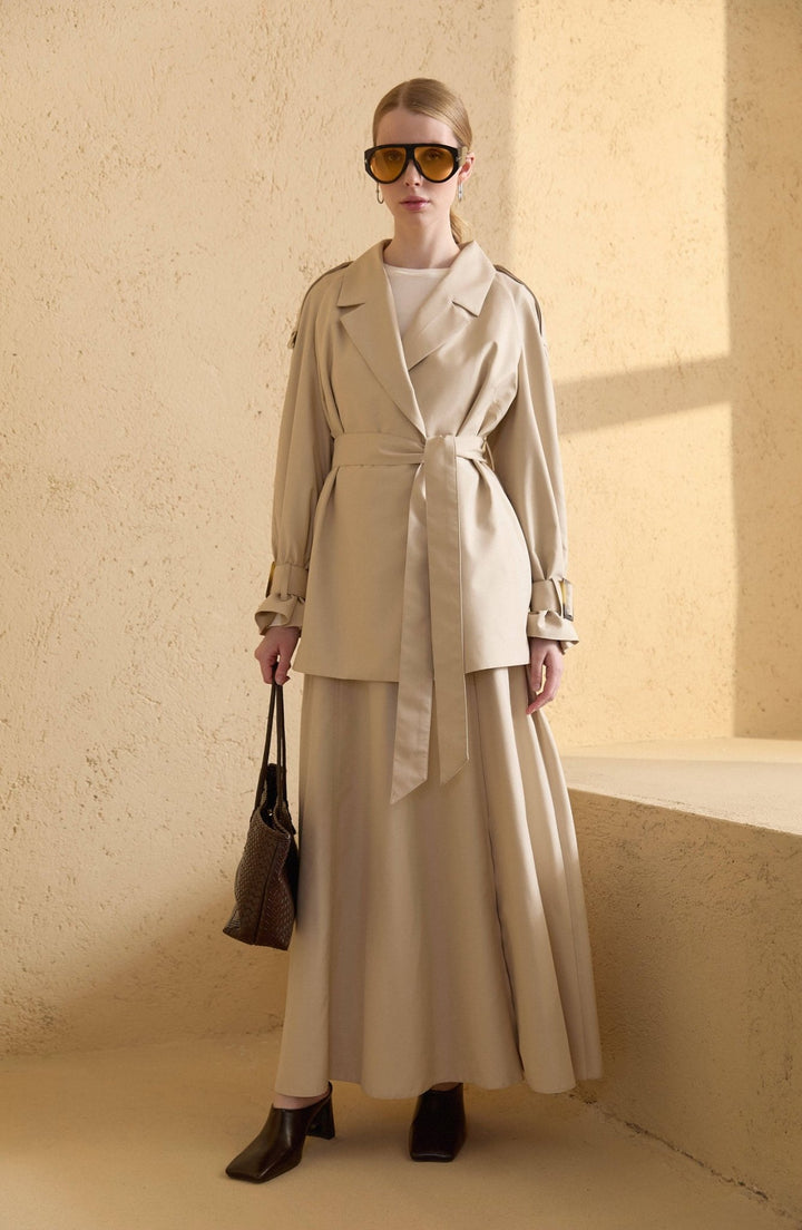 Kuşaklı Kol Apoletli Taş Midi Trenç Ceket - Fatma Atasoy