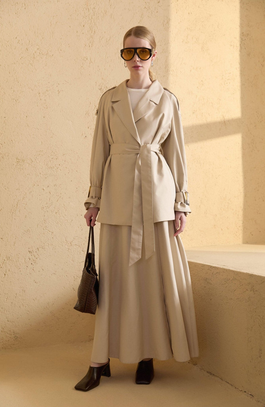 Kuşaklı Kol Apoletli Taş Midi Trenç Ceket