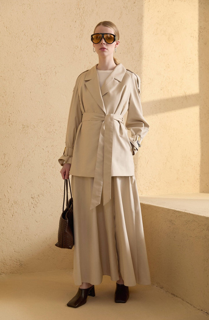 Kuşaklı Kol Apoletli Taş Midi Trenç Ceket - Fatma Atasoy