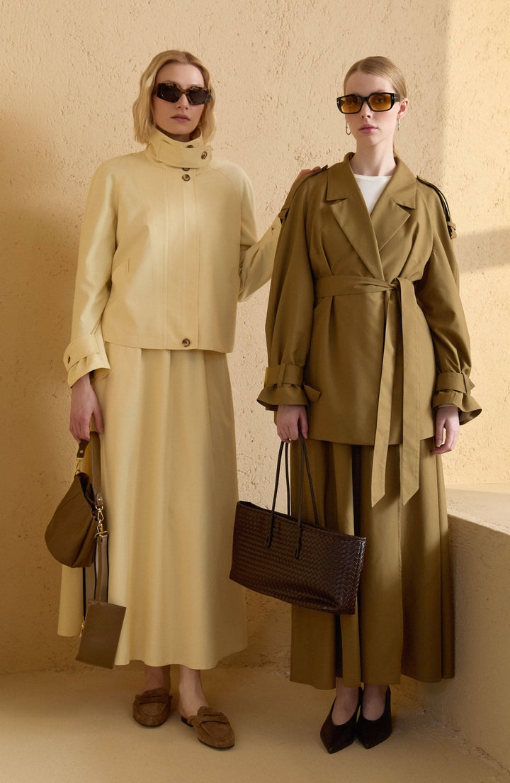 Kuşaklı Kol Apoletli Yağ Yeşili Midi Trenç Ceket - Fatma Atasoy