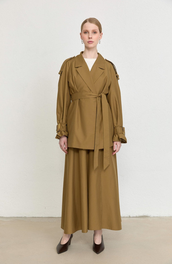 Kuşaklı Kol Apoletli Yağ Yeşili Midi Trenç Ceket - Fatma Atasoy