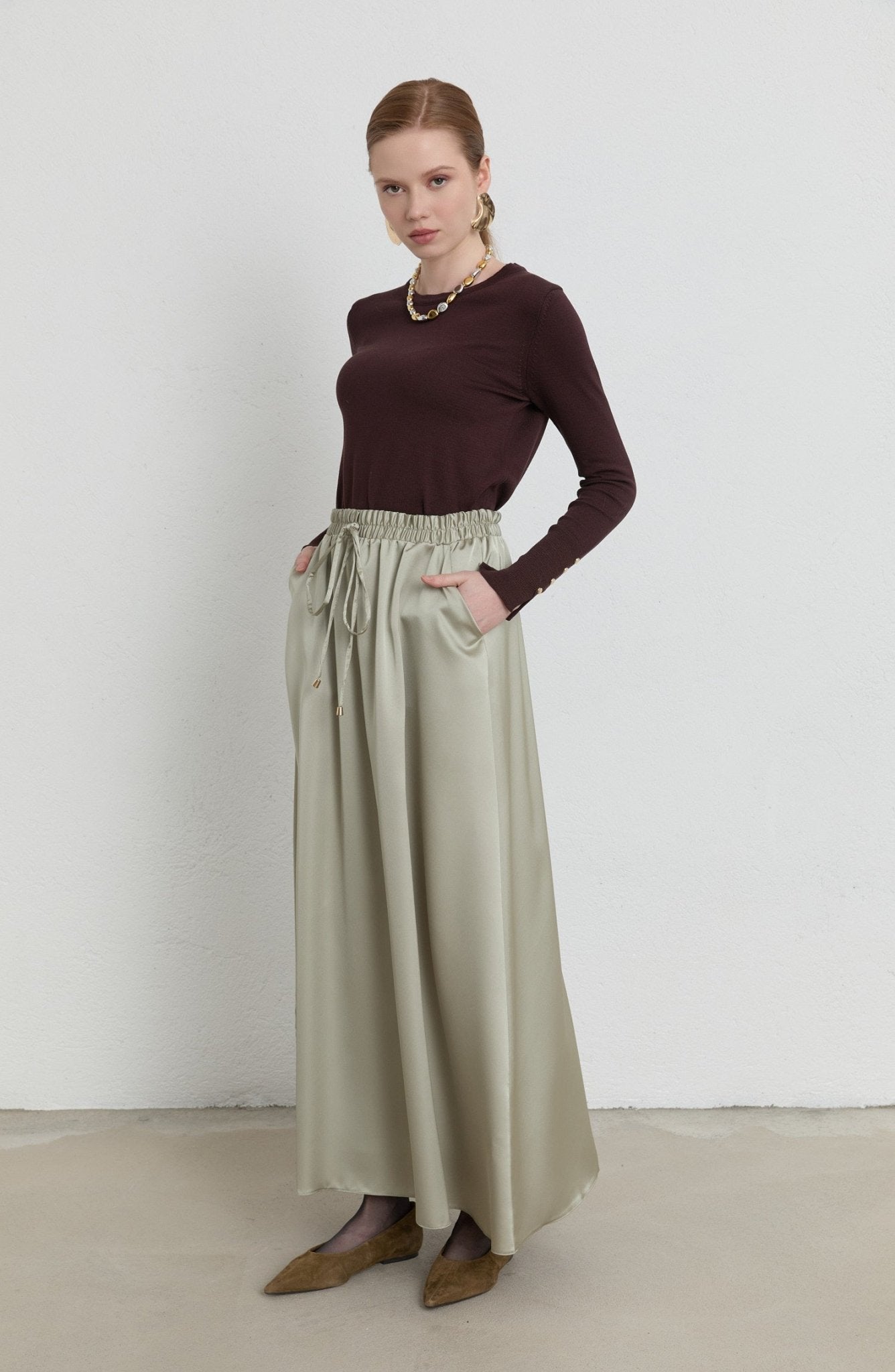 Lastikli Adaçayı Saten Etek - Fatma Atasoy