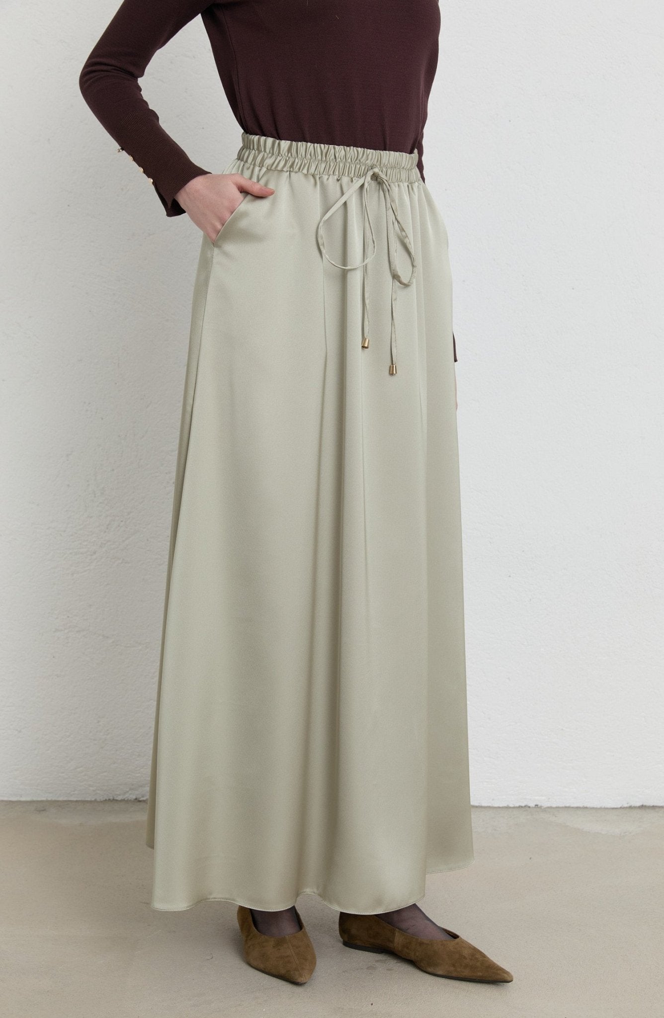 Lastikli Adaçayı Saten Etek - Fatma Atasoy