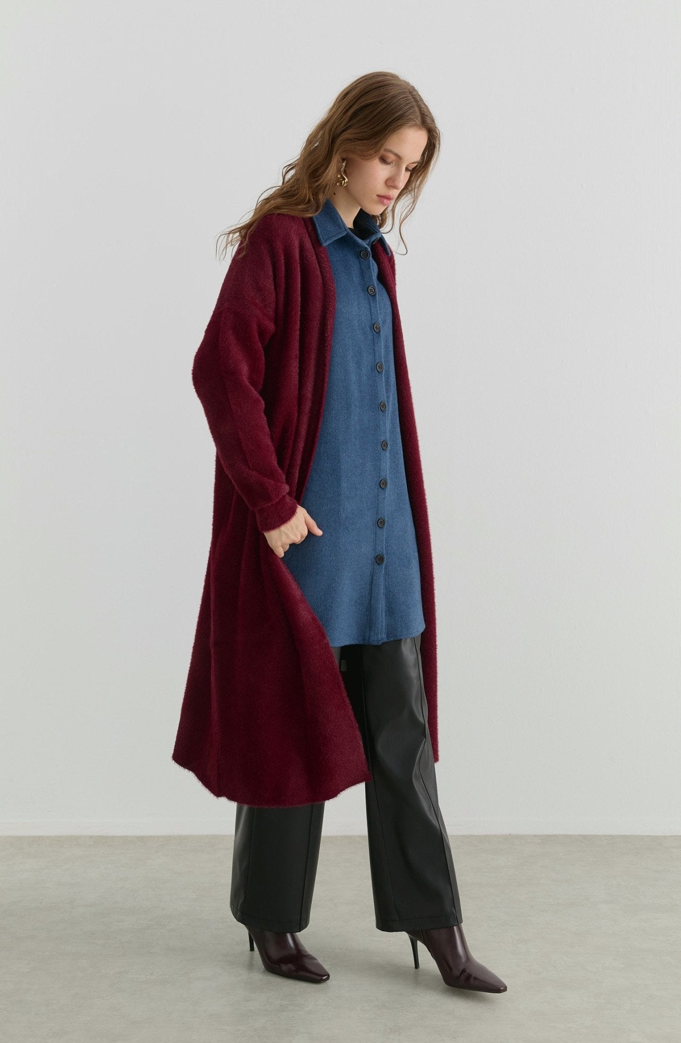 Maksi Yumoş Bordo Triko Hırka - Fatma Atasoy