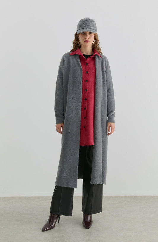 Maksi Yumoş Gri Triko Hırka - Fatma Atasoy