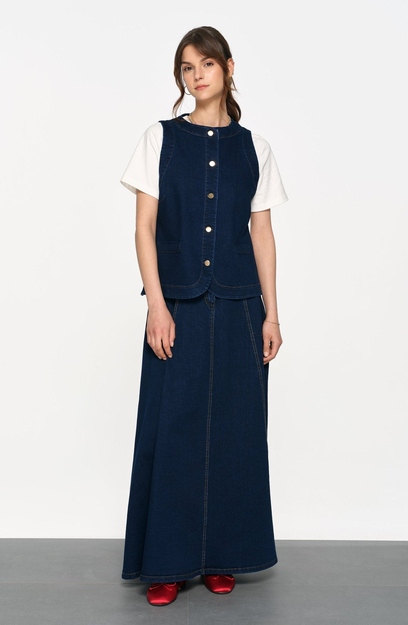 Midi Lacivert Denim Yelek - Fatma Atasoy