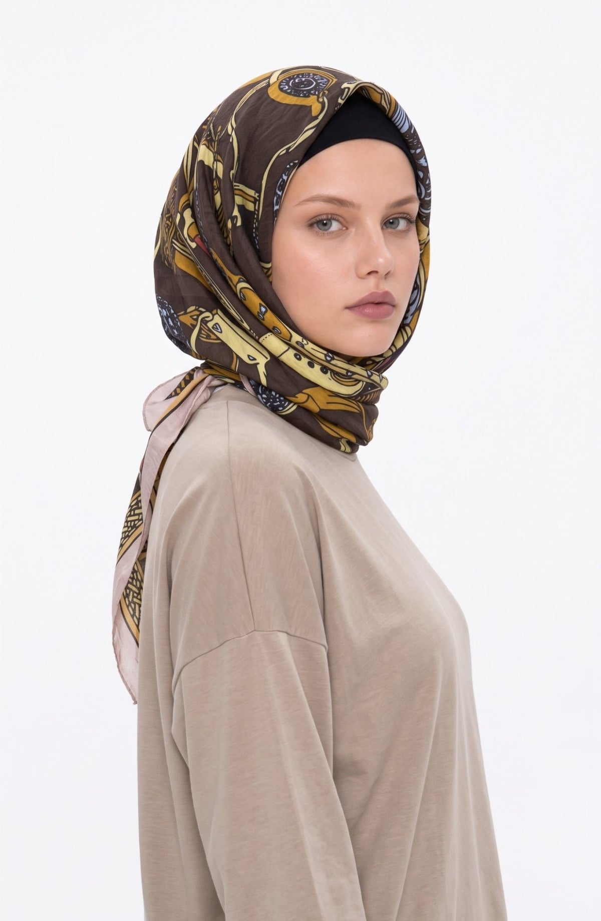 Mirasya Desenli Kahverengi Eşarp - Fatma Atasoy