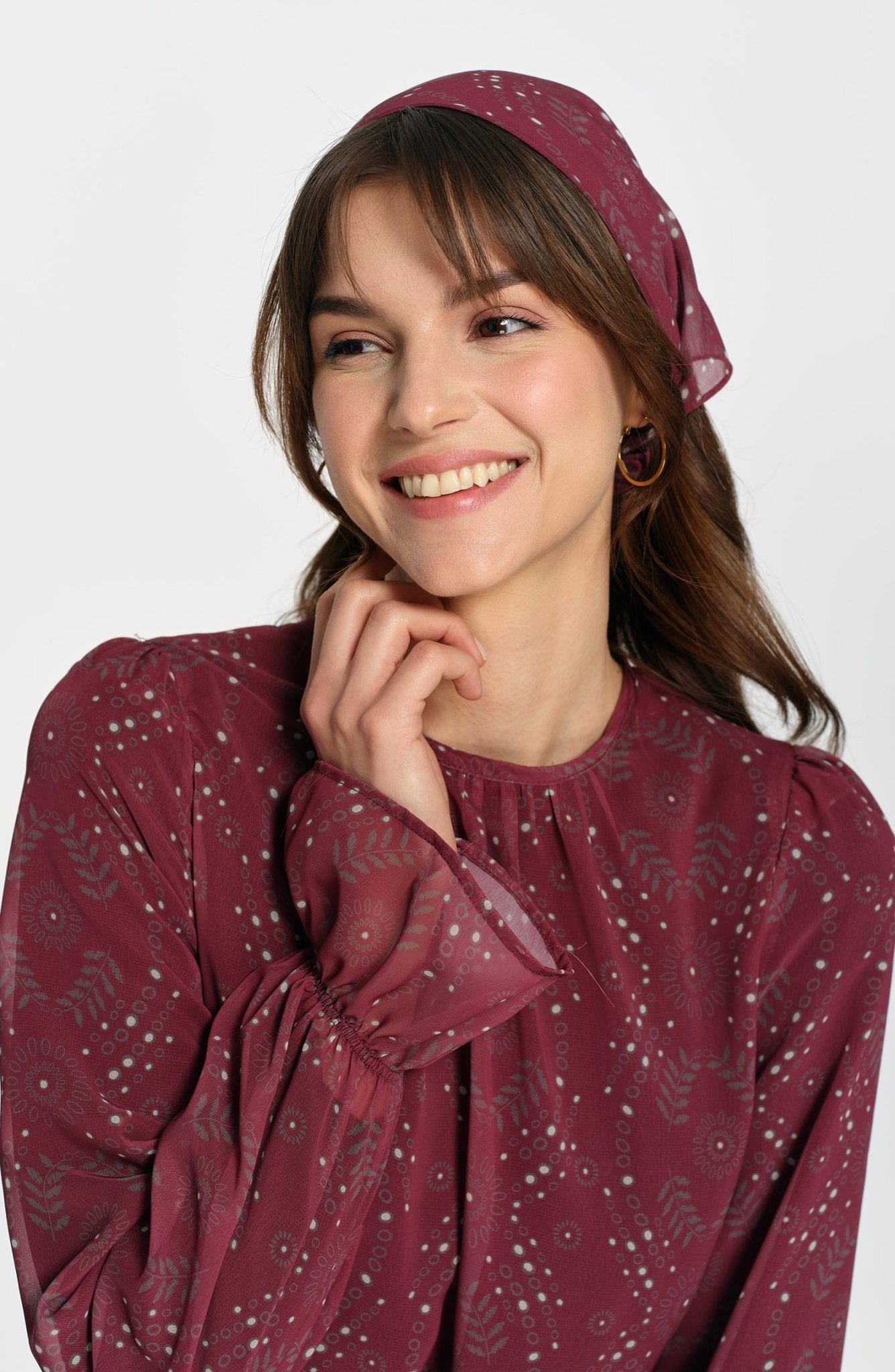 Omuz Büzgülü Şifon Bordo Elbise - Fatma Atasoy