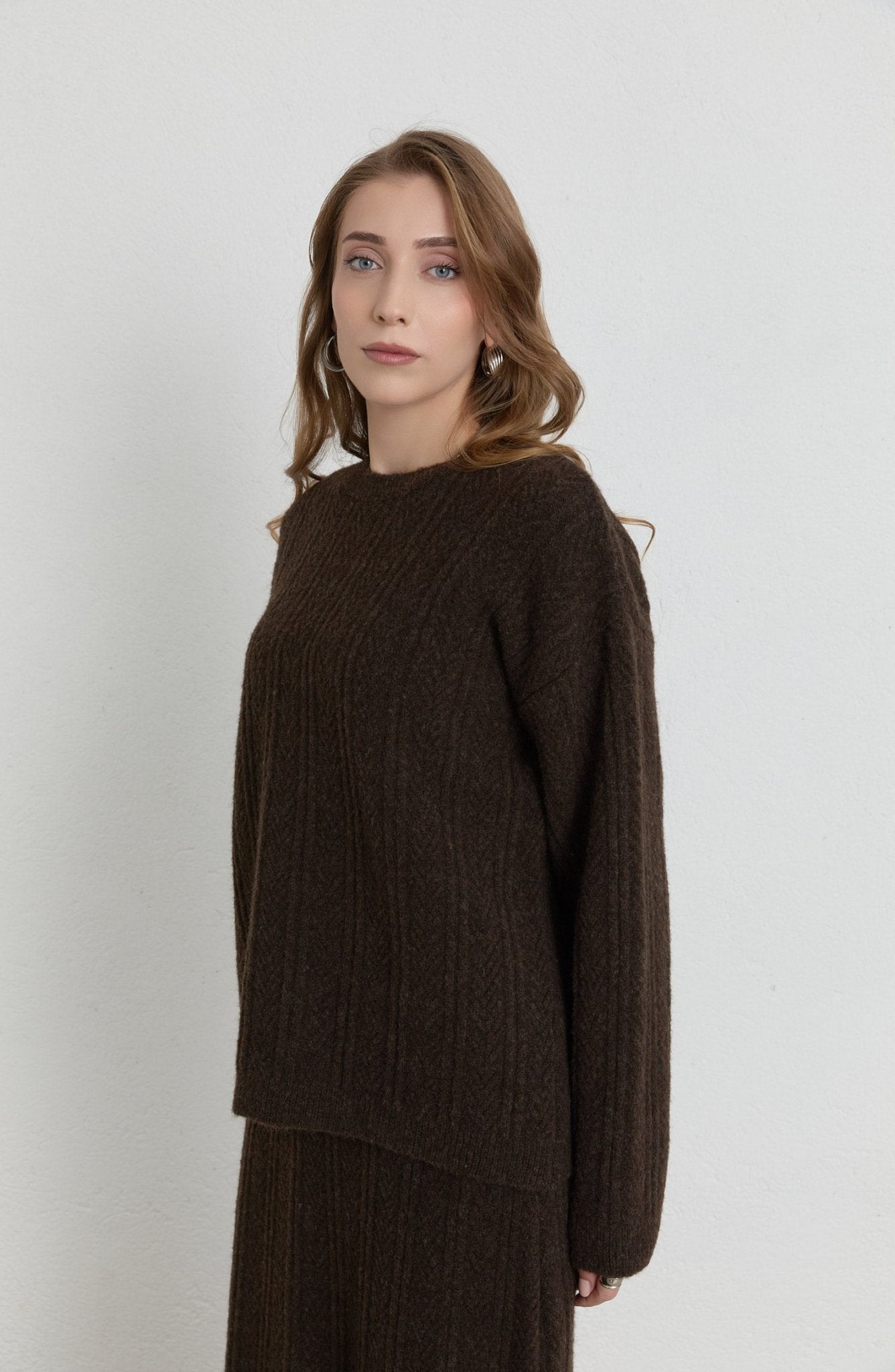 Örgü Desen Acı Kahve Yumoş Triko Etekli İkili Takım - Fatma Atasoy