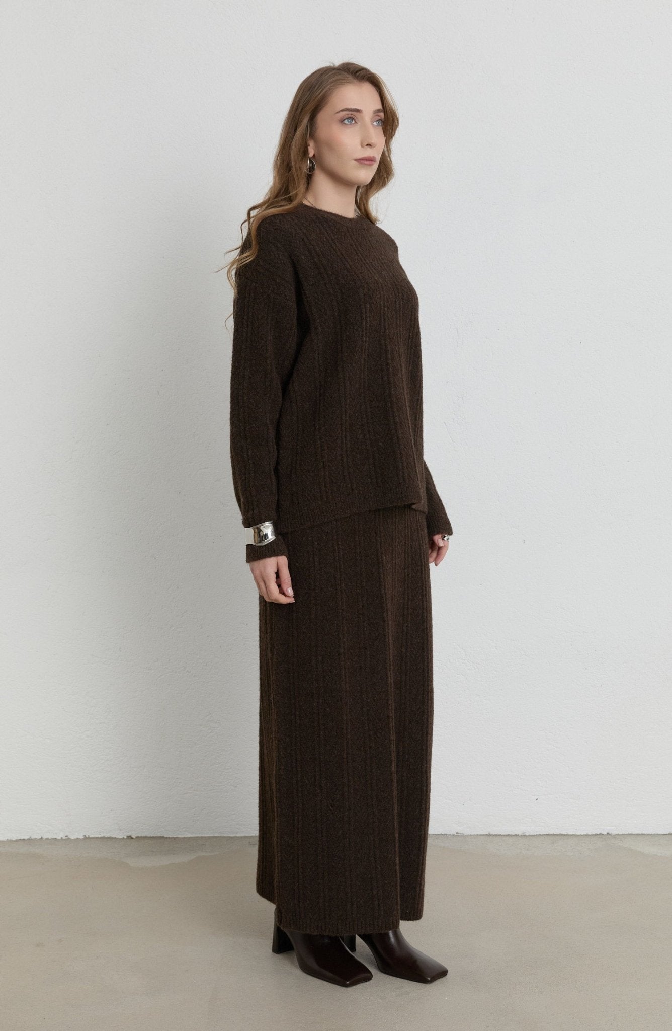 Örgü Desen Acı Kahve Yumoş Triko Etekli İkili Takım - Fatma Atasoy