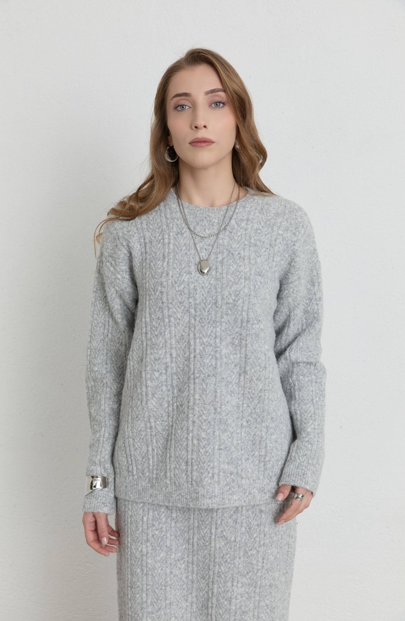 Örgü Desen Gri Yumoş Triko Etekli İkili Takım - Fatma Atasoy