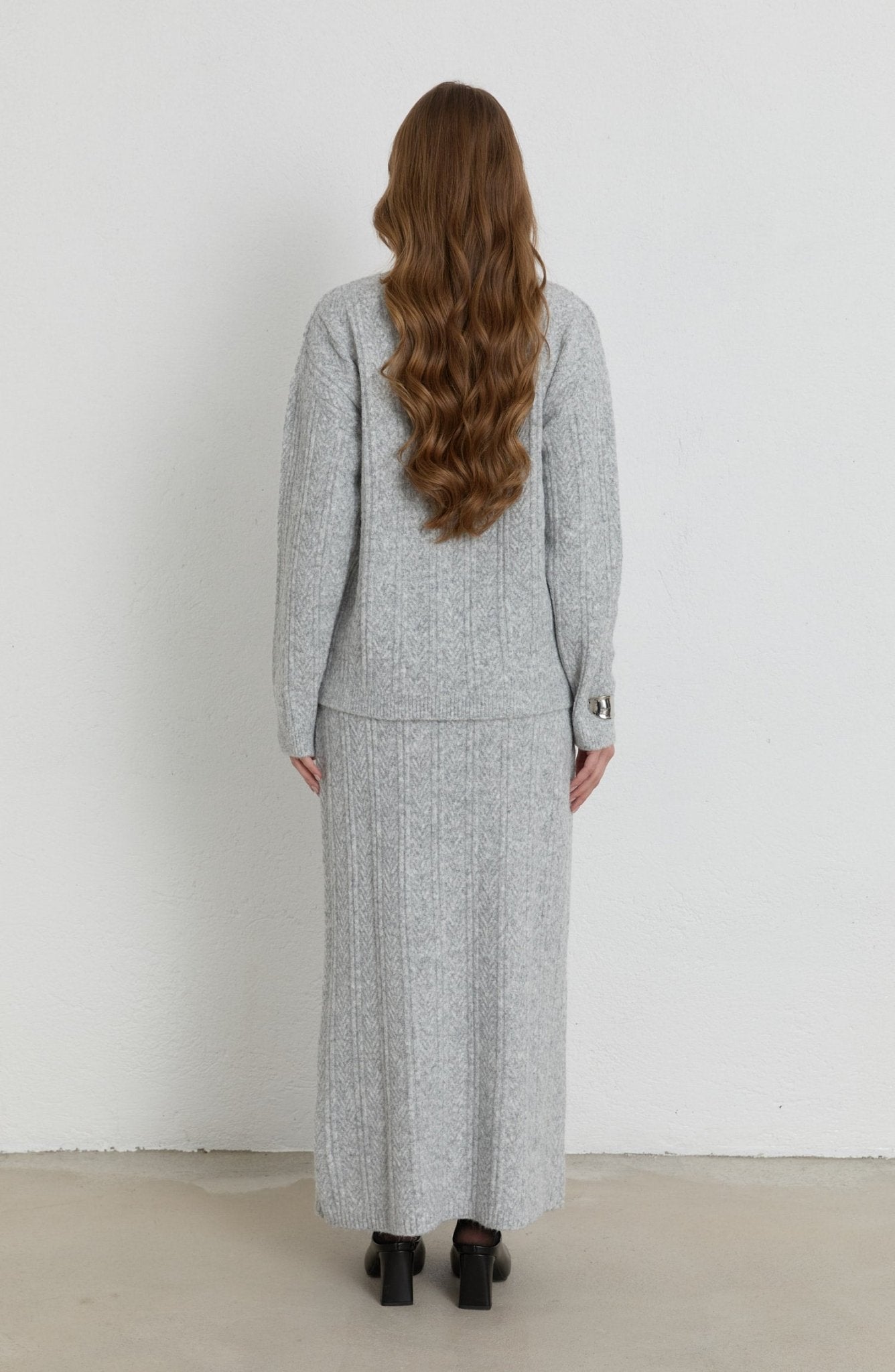 Örgü Desen Gri Yumoş Triko Etekli İkili Takım - Fatma Atasoy