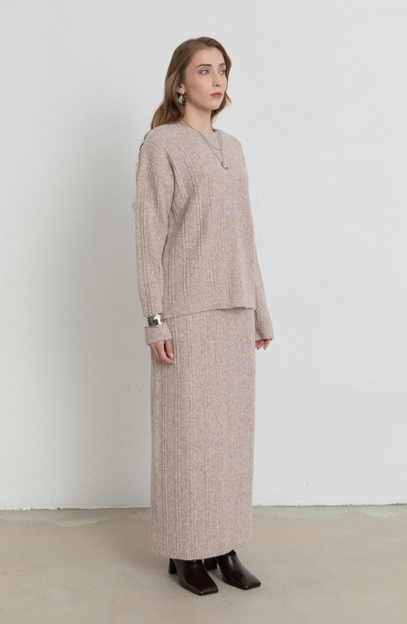 Örgü Desen Taş Yumoş Triko Etekli İkili Takım - Fatma Atasoy