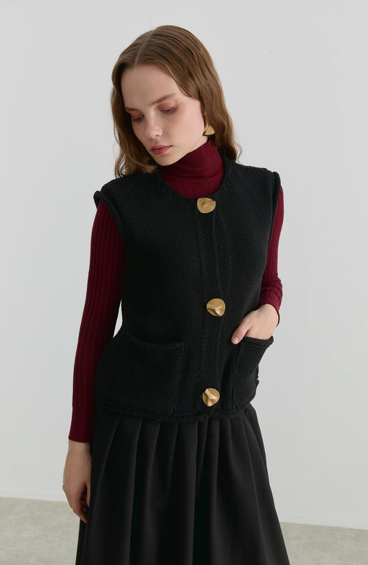 Örgü Siyah Kısa Triko Yelek - Fatma Atasoy