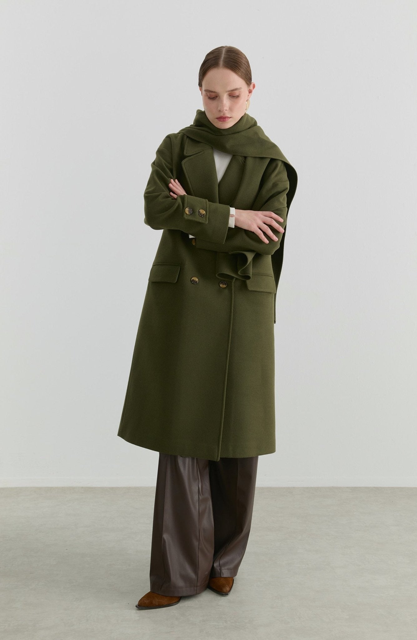 Oversize Atkılı Haki Kaşmir Kaban - Fatma Atasoy