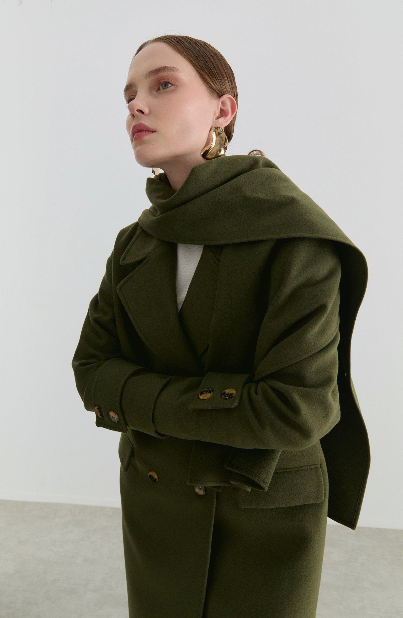 Oversize Atkılı Haki Kaşmir Kaban - Fatma Atasoy